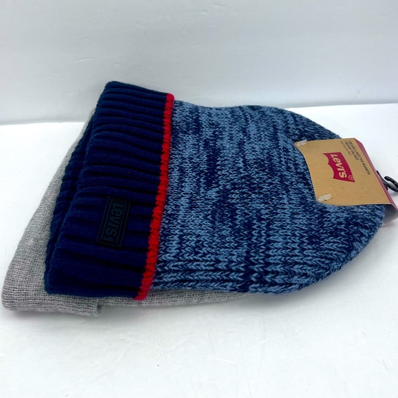 LEVI’S, BEANIE SET,2 WARM BEANIES,NAVY BLUE W/PATTERN & GREY,100%ACRYLIC, UNUSEX - Picture 8 of 16